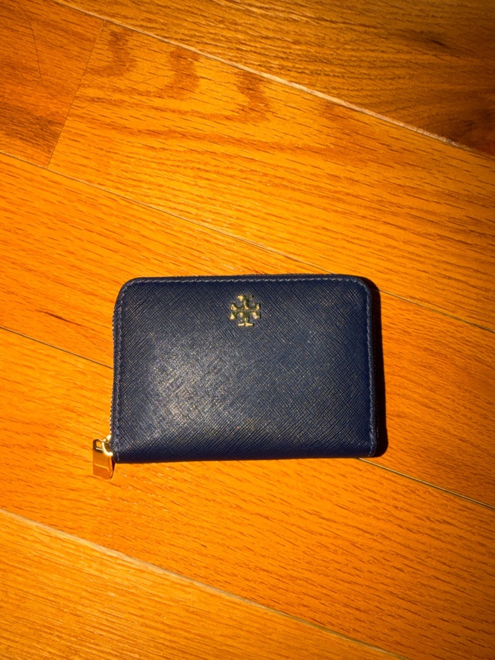 Tory Burch Navy Leather Zip Around Card Case with Gold Hardware